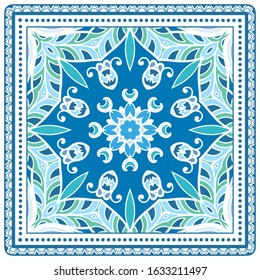 Decorative colorful ornament on white background, symmetric pattern with doodle lace frame. Tribal ethnic mandala decor. Bandana shawl, hijab, tablecloth fabric print, silk neck scarf, kerchief design