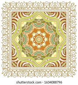Decorative colorful ornament on white background, symmetric pattern with doodle lace frame. Tribal ethnic mandala decor. Bandana shawl, hijab, tablecloth fabric print, silk neck scarf, kerchief design