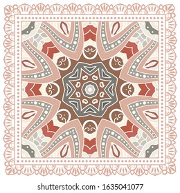 Decorative colorful ornament on white background, symmetric pattern with doodle lace frame. Tribal ethnic mandala decor. Bandana shawl, hijab, tablecloth fabric print, silk neck scarf, kerchief design