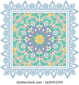 Decorative colorful ornament on white background, symmetric pattern with doodle lace frame. Tribal ethnic mandala decor. Bandana shawl, hijab, tablecloth fabric print, silk neck scarf, kerchief design