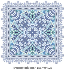 Decorative colorful ornament on white background, symmetric pattern with doodle lace frame. Tribal ethnic mandala decor. Bandana shawl, hijab, tablecloth fabric print, silk neck scarf, kerchief design