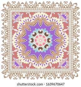 Decorative colorful ornament on white background, symmetric pattern with doodle lace frame. Tribal ethnic mandala decor. Bandana shawl, hijab, tablecloth fabric print, silk neck scarf, kerchief design
