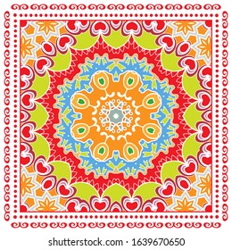 Decorative colorful ornament on white background, symmetric pattern with doodle lace frame. Tribal ethnic mandala decor. Bandana shawl, hijab, tablecloth fabric print, silk neck scarf, kerchief design