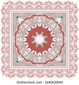 Decorative colorful ornament on white background, symmetric pattern with doodle lace frame. Tribal ethnic mandala decor. Bandana shawl, hijab, tablecloth fabric print, silk neck scarf, kerchief design
