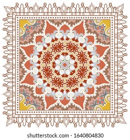 Decorative colorful ornament on white background, symmetric pattern with doodle lace frame. Tribal ethnic mandala decor. Bandana shawl, hijab, tablecloth fabric print, silk neck scarf, kerchief design