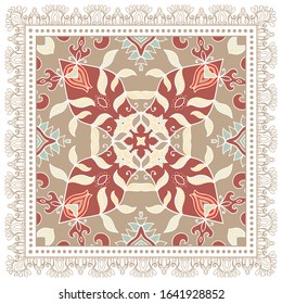 Decorative colorful ornament on white background, symmetric pattern with doodle lace frame. Tribal ethnic mandala decor. Bandana shawl, hijab, tablecloth fabric print, silk neck scarf, kerchief design