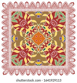 Decorative colorful ornament on white background, symmetric pattern with doodle lace frame. Tribal ethnic mandala decor. Bandana shawl, hijab, tablecloth fabric print, silk neck scarf, kerchief design