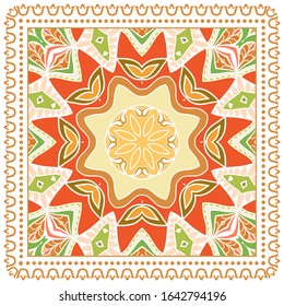 Decorative colorful ornament on white background, symmetric pattern with doodle lace frame. Tribal ethnic mandala decor. Bandana shawl, hijab, tablecloth fabric print, silk neck scarf, kerchief design