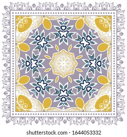 Decorative colorful ornament on white background, symmetric pattern with doodle lace frame. Tribal ethnic mandala decor. Bandana shawl, hijab, tablecloth fabric print, silk neck scarf, kerchief design