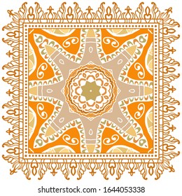 Decorative colorful ornament on white background, symmetric pattern with doodle lace frame. Tribal ethnic mandala decor. Bandana shawl, hijab, tablecloth fabric print, silk neck scarf, kerchief design