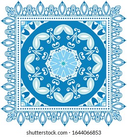 Decorative colorful ornament on white background, symmetric pattern with doodle lace frame. Tribal ethnic mandala decor. Bandana shawl, hijab, tablecloth fabric print, silk neck scarf, kerchief design