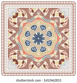 Decorative colorful ornament on white background, symmetric pattern with doodle lace frame. Tribal ethnic mandala decor. Bandana shawl, hijab, tablecloth fabric print, silk neck scarf, kerchief design