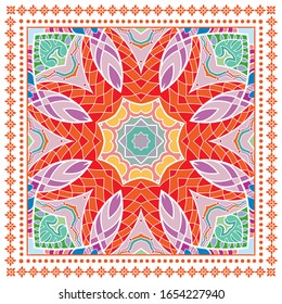 Decorative colorful ornament on white background, symmetric pattern with doodle lace frame. Tribal ethnic mandala decor. Bandana shawl, hijab, tablecloth fabric print, silk neck scarf, kerchief design