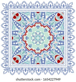 Decorative colorful ornament on white background, symmetric pattern with doodle lace frame. Tribal ethnic mandala decor. Bandana shawl, hijab, tablecloth fabric print, silk neck scarf, kerchief design