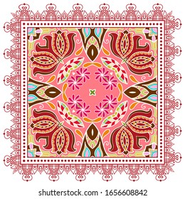 Decorative colorful ornament on white background, symmetric pattern with doodle lace frame. Tribal ethnic mandala decor. Bandana shawl, hijab, tablecloth fabric print, silk neck scarf, kerchief design