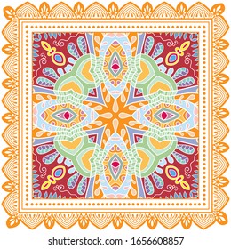 Decorative colorful ornament on white background, symmetric pattern with doodle lace frame. Tribal ethnic mandala decor. Bandana shawl, hijab, tablecloth fabric print, silk neck scarf, kerchief design