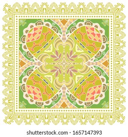 Decorative colorful ornament on white background, symmetric pattern with doodle lace frame. Tribal ethnic mandala decor. Bandana shawl, hijab, tablecloth fabric print, silk neck scarf, kerchief design