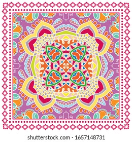 Decorative colorful ornament on white background, symmetric pattern with doodle lace frame. Tribal ethnic mandala decor. Bandana shawl, hijab, tablecloth fabric print, silk neck scarf, kerchief design