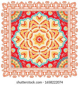 Decorative colorful ornament on white background, symmetric pattern with doodle lace frame. Tribal ethnic mandala decor. Bandana shawl, hijab, tablecloth fabric print, silk neck scarf, kerchief design