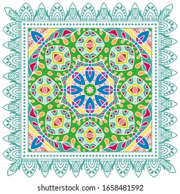 Decorative colorful ornament on white background, symmetric pattern with doodle lace frame. Tribal ethnic mandala decor. Bandana shawl, hijab, tablecloth fabric print, silk neck scarf, kerchief design