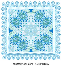 Decorative colorful ornament on white background, symmetric pattern with doodle lace frame. Tribal ethnic mandala decor. Bandana shawl, hijab, tablecloth fabric print, silk neck scarf, kerchief design