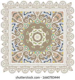Decorative colorful ornament on white background, symmetric pattern with doodle lace frame. Tribal ethnic mandala decor. Bandana shawl, hijab, tablecloth fabric print, silk neck scarf, kerchief design