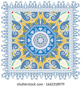 Decorative colorful ornament on white background, symmetric pattern with doodle lace frame. Tribal ethnic mandala decor. Bandana shawl, hijab, tablecloth fabric print, silk neck scarf, kerchief design