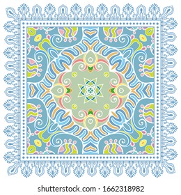 Decorative colorful ornament on white background, symmetric pattern with doodle lace frame. Tribal ethnic mandala decor. Bandana shawl, hijab, tablecloth fabric print, silk neck scarf, kerchief design