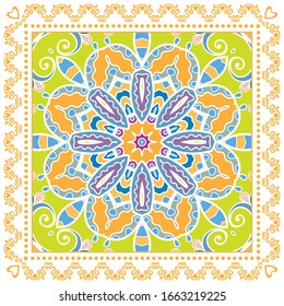Farbige dekorative Ornamente auf weißem Hintergrund, symmetrisches Muster mit Punktrahmen. Ethnisch-ethnische Mandalendekor. Bandana-Schal, Hijab, Stoffdruck, Seidenhalsschal, Kerzendesign