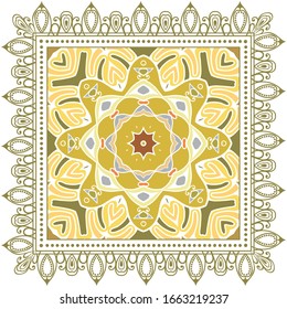 Decorative colorful ornament on white background, symmetric pattern with doodle lace frame. Tribal ethnic mandala decor. Bandana shawl, hijab, tablecloth fabric print, silk neck scarf, kerchief design