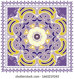 Decorative colorful ornament on white background, symmetric pattern with doodle lace frame. Tribal ethnic mandala decor. Bandana shawl, hijab, tablecloth fabric print, silk neck scarf, kerchief design