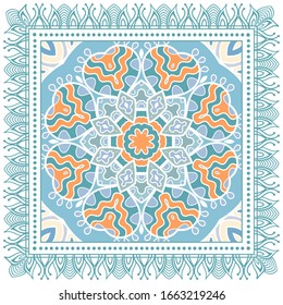 Farbige dekorative Ornamente auf weißem Hintergrund, symmetrisches Muster mit Punktrahmen. Ethnisch-ethnische Mandalendekor. Bandana-Schal, Hijab, Stoffdruck, Seidenhalsschal, Kerzendesign
