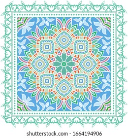 Decorative colorful ornament on white background, symmetric pattern with doodle lace frame. Tribal ethnic mandala decor. Bandana shawl, hijab, tablecloth fabric print, silk neck scarf, kerchief design