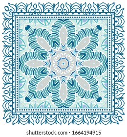 Decorative colorful ornament on white background, symmetric pattern with doodle lace frame. Tribal ethnic mandala decor. Bandana shawl, hijab, tablecloth fabric print, silk neck scarf, kerchief design