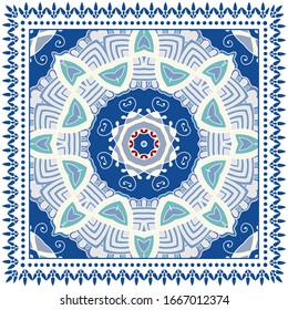 Decorative colorful ornament on white background, symmetric pattern with doodle lace frame. Tribal ethnic mandala decor. Bandana shawl, hijab, tablecloth fabric print, silk neck scarf, kerchief design