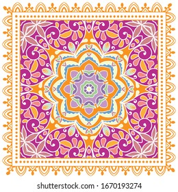 Decorative colorful ornament on white background, symmetric pattern with doodle lace frame. Tribal ethnic mandala decor. Bandana shawl, hijab, tablecloth fabric print, silk neck scarf, kerchief design