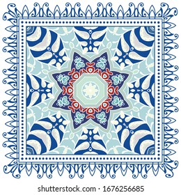 Decorative colorful ornament on white background, symmetric pattern with doodle lace frame. Tribal ethnic mandala decor. Bandana shawl, hijab, tablecloth fabric print, silk neck scarf, kerchief design