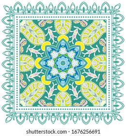 Decorative colorful ornament on white background, symmetric pattern with doodle lace frame. Tribal ethnic mandala decor. Bandana shawl, hijab, tablecloth fabric print, silk neck scarf, kerchief design