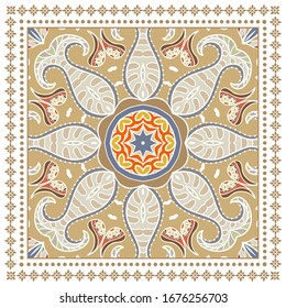 Decorative colorful ornament on white background, symmetric pattern with doodle lace frame. Tribal ethnic mandala decor. Bandana shawl, hijab, tablecloth fabric print, silk neck scarf, kerchief design