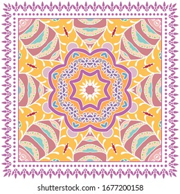 Decorative colorful ornament on white background, symmetric pattern with doodle lace frame. Tribal ethnic mandala decor. Bandana shawl, hijab, tablecloth fabric print, silk neck scarf, kerchief design