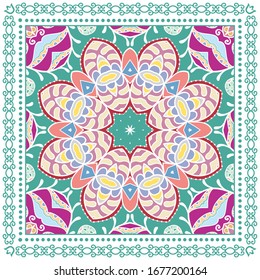 Decorative colorful ornament on white background, symmetric pattern with doodle lace frame. Tribal ethnic mandala decor. Bandana shawl, hijab, tablecloth fabric print, silk neck scarf, kerchief design
