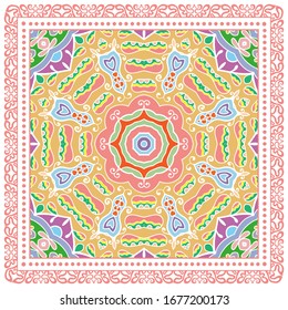 Decorative colorful ornament on white background, symmetric pattern with doodle lace frame. Tribal ethnic mandala decor. Bandana shawl, hijab, tablecloth fabric print, silk neck scarf, kerchief design