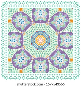 Decorative colorful ornament on white background, symmetric pattern with doodle lace frame. Tribal ethnic mandala decor. Bandana shawl, hijab, tablecloth fabric print, silk neck scarf, kerchief design