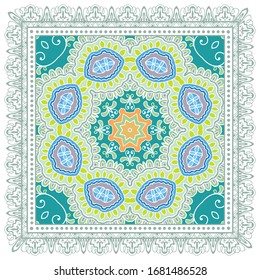 Decorative colorful ornament on white background, symmetric pattern with doodle lace frame. Tribal ethnic mandala decor. Bandana shawl, hijab, tablecloth fabric print, silk neck scarf, kerchief design