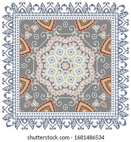 Decorative colorful ornament on white background, symmetric pattern with doodle lace frame. Tribal ethnic mandala decor. Bandana shawl, hijab, tablecloth fabric print, silk neck scarf, kerchief design