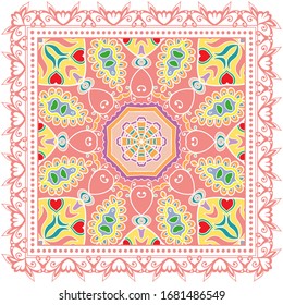 Decorative colorful ornament on white background, symmetric pattern with doodle lace frame. Tribal ethnic mandala decor. Bandana shawl, hijab, tablecloth fabric print, silk neck scarf, kerchief design