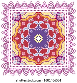 Decorative colorful ornament on white background, symmetric pattern with doodle lace frame. Tribal ethnic mandala decor. Bandana shawl, hijab, tablecloth fabric print, silk neck scarf, kerchief design