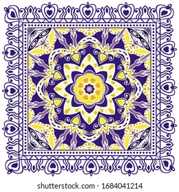 Decorative colorful ornament on white background, symmetric pattern with doodle lace frame. Tribal ethnic mandala decor. Bandana shawl, hijab, tablecloth fabric print, silk neck scarf, kerchief design