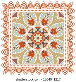 Decorative colorful ornament on white background, symmetric pattern with doodle lace frame. Tribal ethnic mandala decor. Bandana shawl, hijab, tablecloth fabric print, silk neck scarf, kerchief design