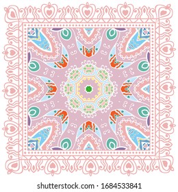 Decorative colorful ornament on white background, symmetric pattern with doodle lace frame. Tribal ethnic mandala decor. Bandana shawl, hijab, tablecloth fabric print, silk neck scarf, kerchief design